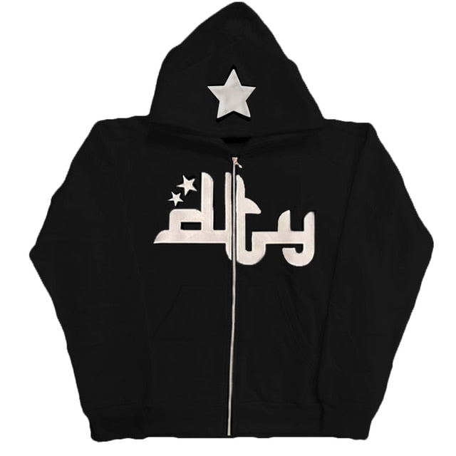 Black zip-up hoodie featuring a star print and casual design, crafted from soft material for comfort.