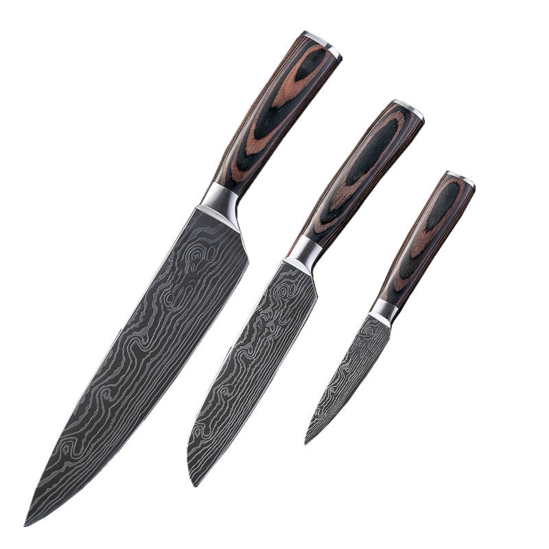 Damascus Style Kitchen Knife Set featuring three knives with sleek black blades and ergonomic wooden handles.