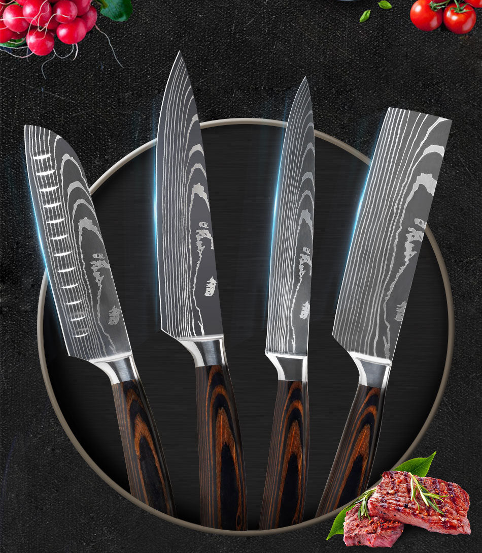 A set of four Damascus style kitchen knives with sharp, patterned blades and wooden handles, presented in a circular display.