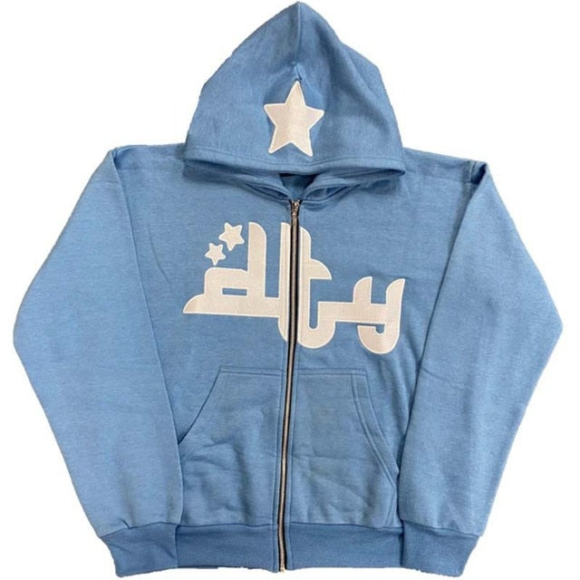 Light blue zip-up hoodie with white star print and lettering. Features a hood and front pockets. Relaxed fit for comfort.