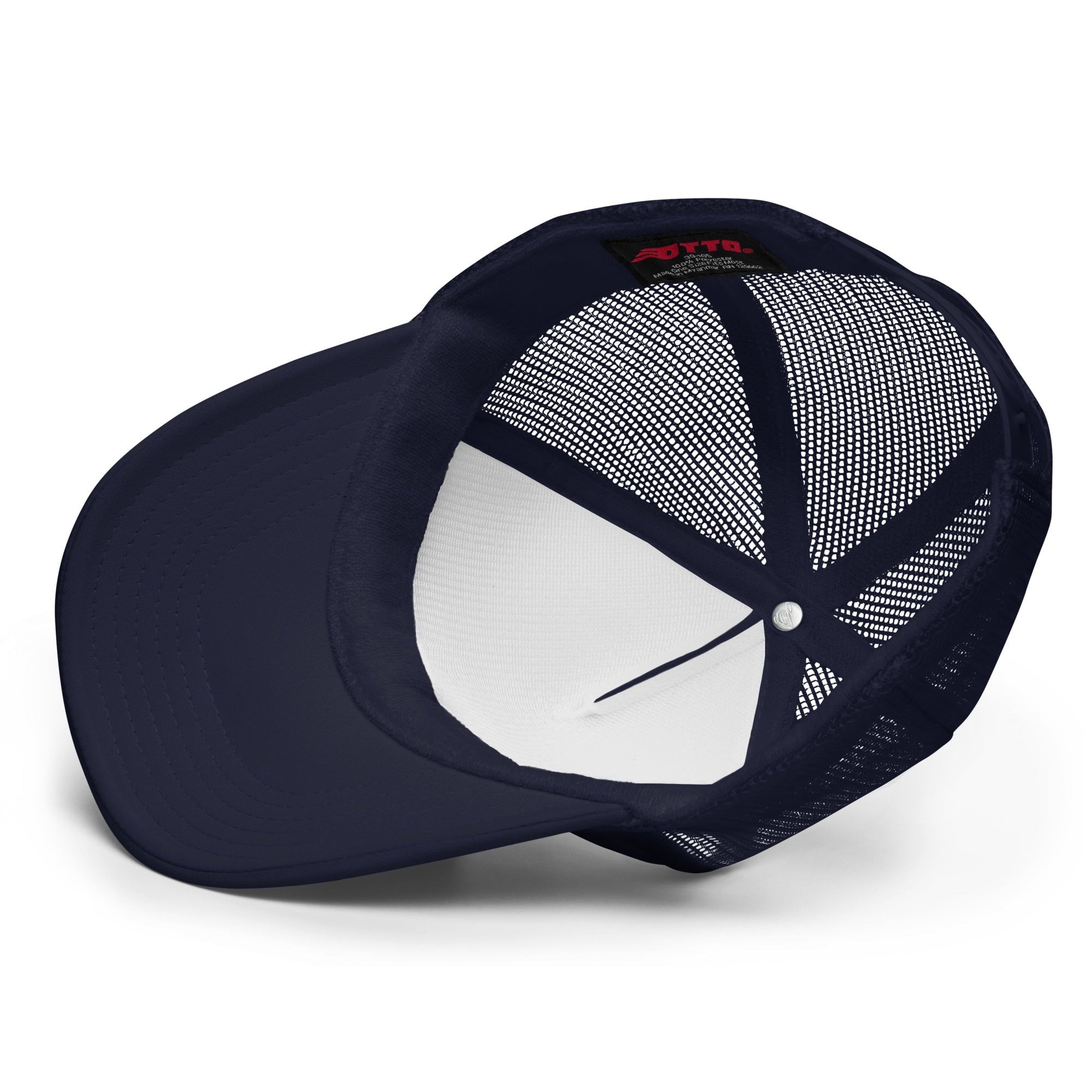 Navy foam trucker hat with a mesh back and embroidered Tuna design, showcasing a stylish beach-ready look.
