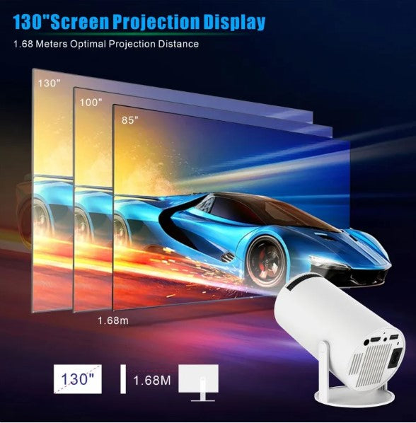 Compact white projector showing multiple screen size options with an image of a blue sports car; optimal projection distance is 1.68m.