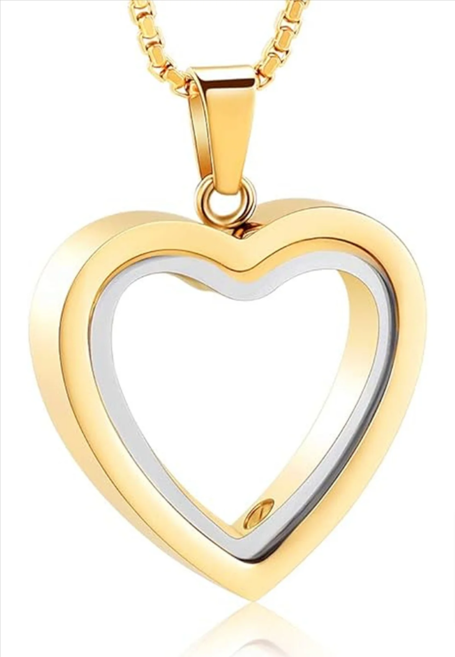 Heart-shaped pendant made of stainless steel, featuring gold and silver electroplated finishes with a thin profile.