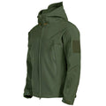 Men's tactical waterproof jacket in green soft shell material, featuring an adjustable hood and multiple zippered pockets.