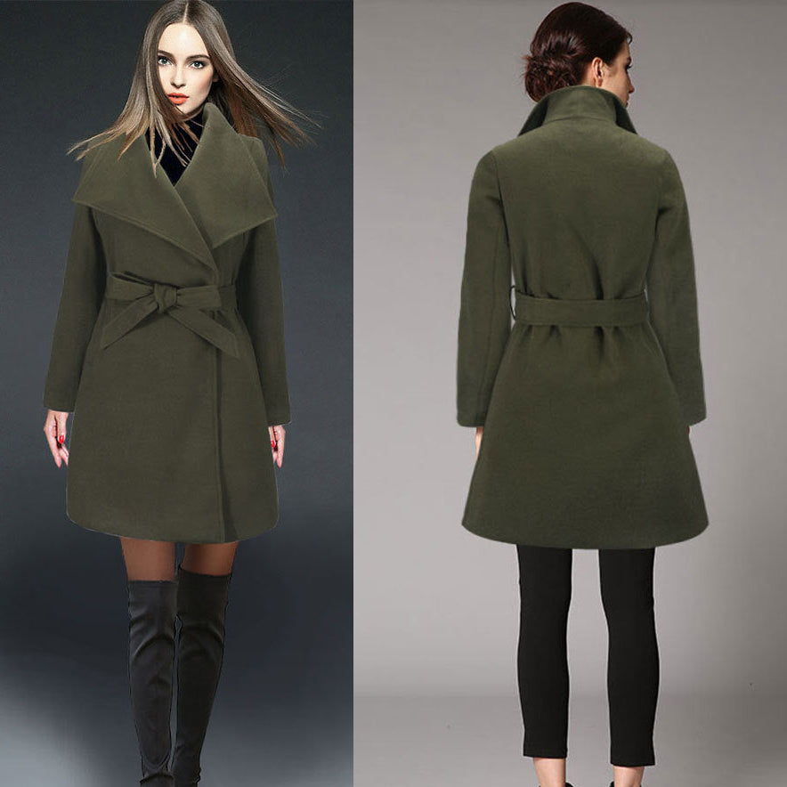 Olive green woolen coat with a lapel collar, long sleeves, and a belted waist, shown on models in a slim-fit style.