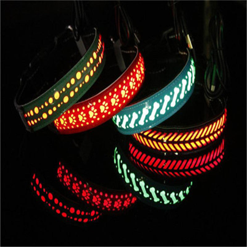 LED Glow pet collars in red, green, and blue with unique carving designs, showcasing light-up features against a dark background.