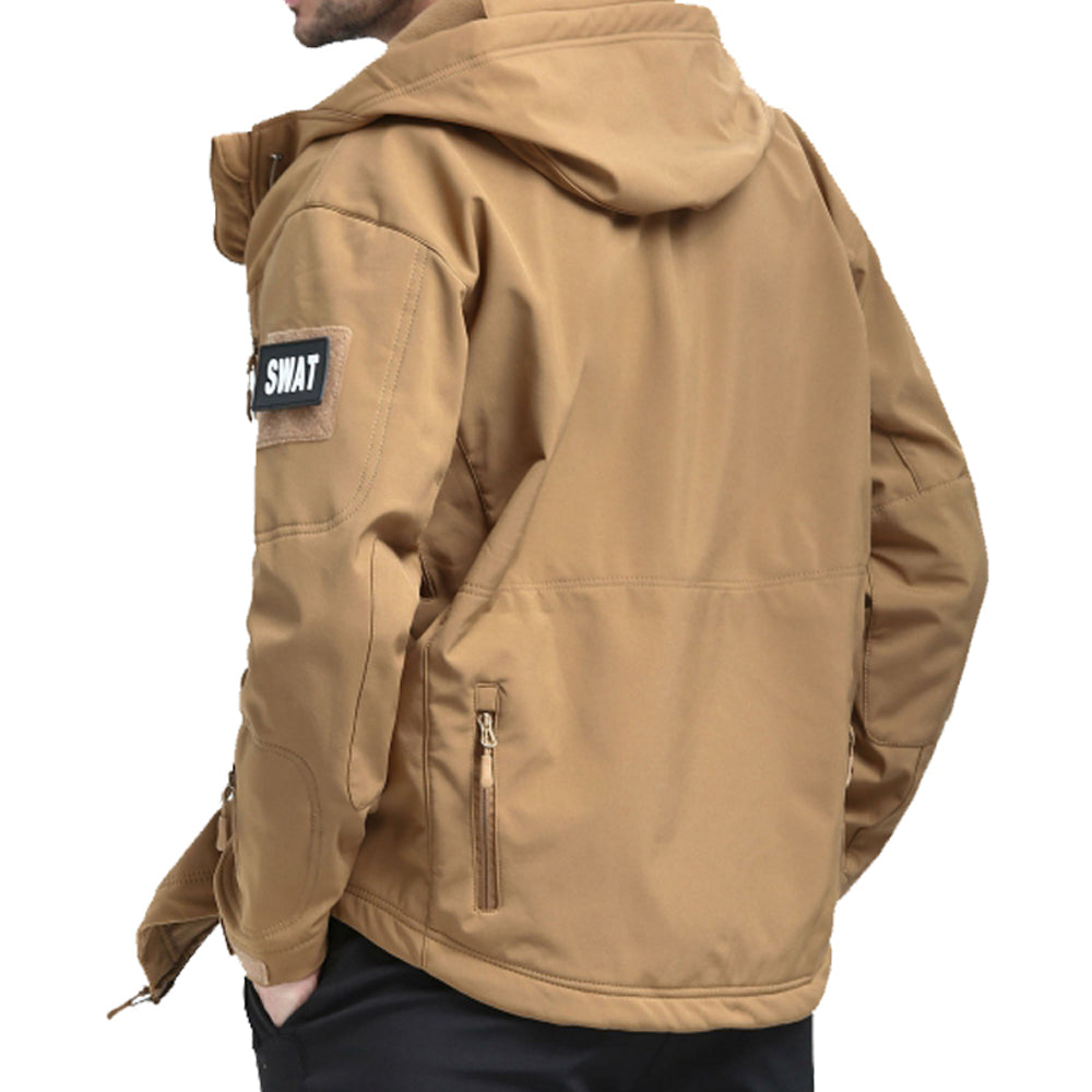 Tactical men's jacket in khaki, featuring a hood, SWAT patch, and zippered pockets for outdoor use.