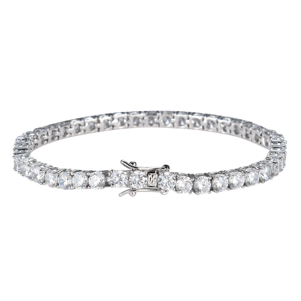 Single row hip hop bracelet with micro inlaid zircon stones, featuring a sleek copper design in silver tone.