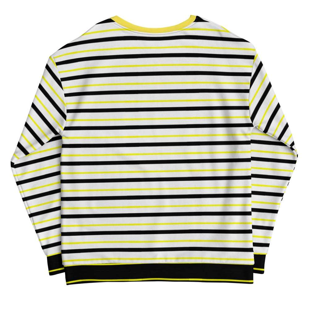 Unisex Be Happy Sweatshirt with white, black, and yellow stripes, featuring a cozy brushed fleece interior and black hem.