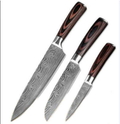 Three-piece Damascus style kitchen knife set featuring polished steel blades with wavy patterns and ergonomic dark wood handles.