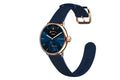 Withings ScanWatch 2 features a rose gold case, blue dial, and a navy silicone strap for sleek style and comfort.