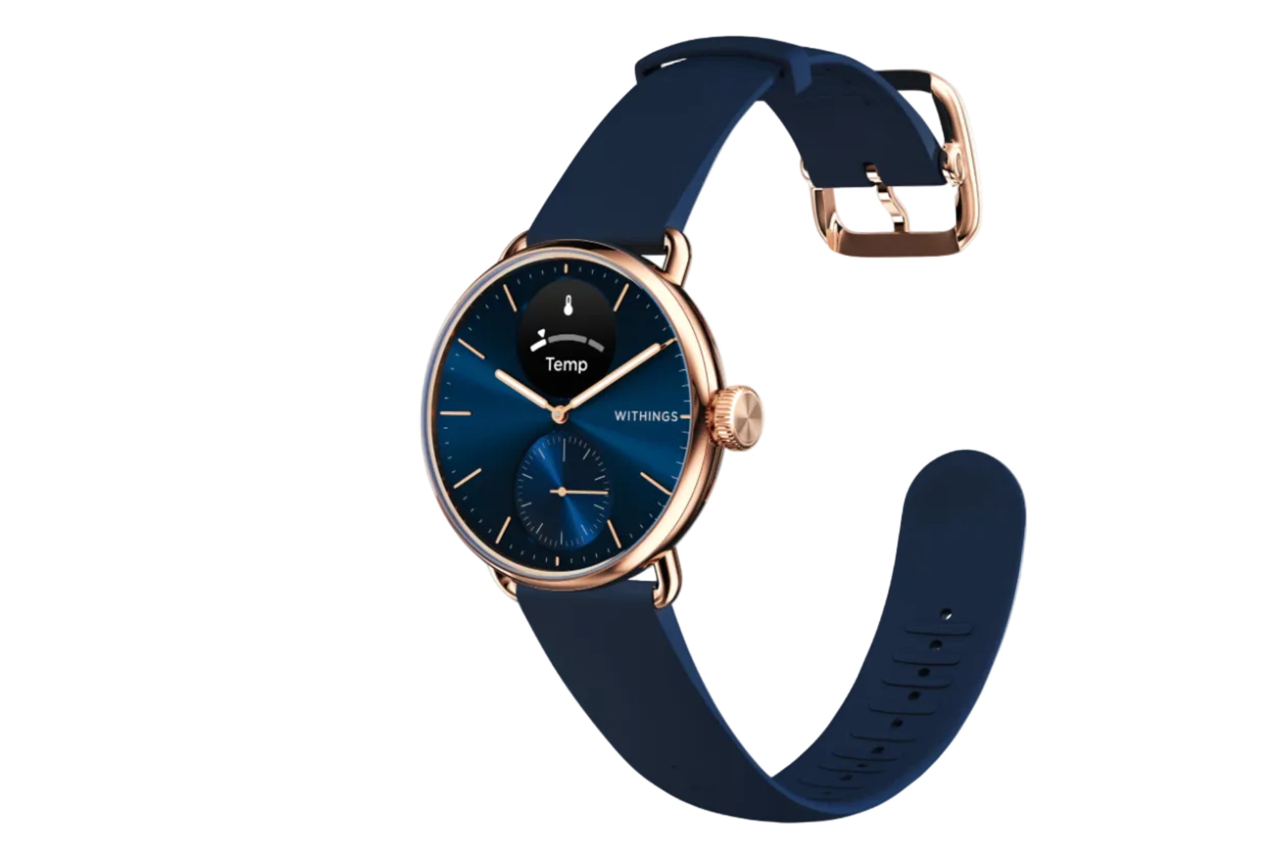 Withings ScanWatch 2 features a rose gold case, blue dial, and a navy silicone strap for sleek style and comfort.