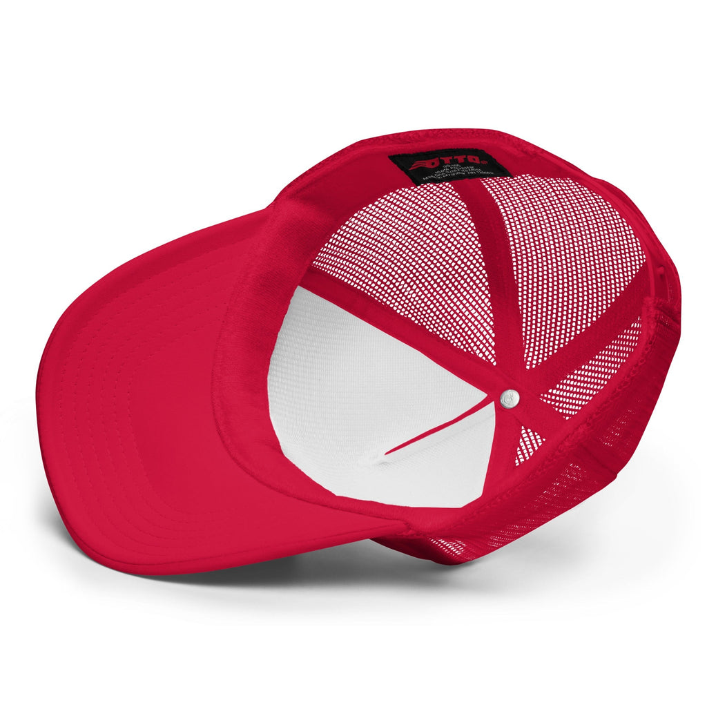 Red foam trucker hat featuring a breathable mesh back and an embroidered Tuna design. Interior shows white lining.