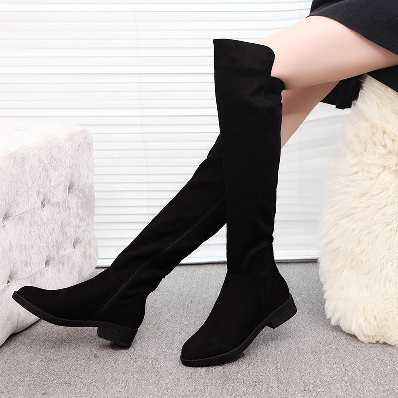 Women's black over-the-knee flat tube boots with a round toe and low heel, featuring a soft cotton upper and durable rubber sole.