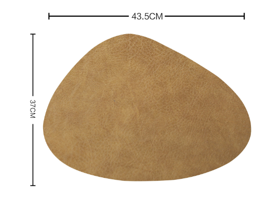 Beige, waterproof leather placemat in a unique shape, measuring 43.5 cm by 37 cm, featuring a soft texture.
