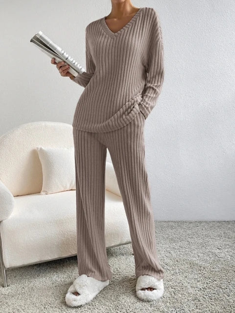 Casual 2-Piece Loungewear Set in a light taupe color, featuring a ribbed texture, V-neck top, and relaxed-fit pants.