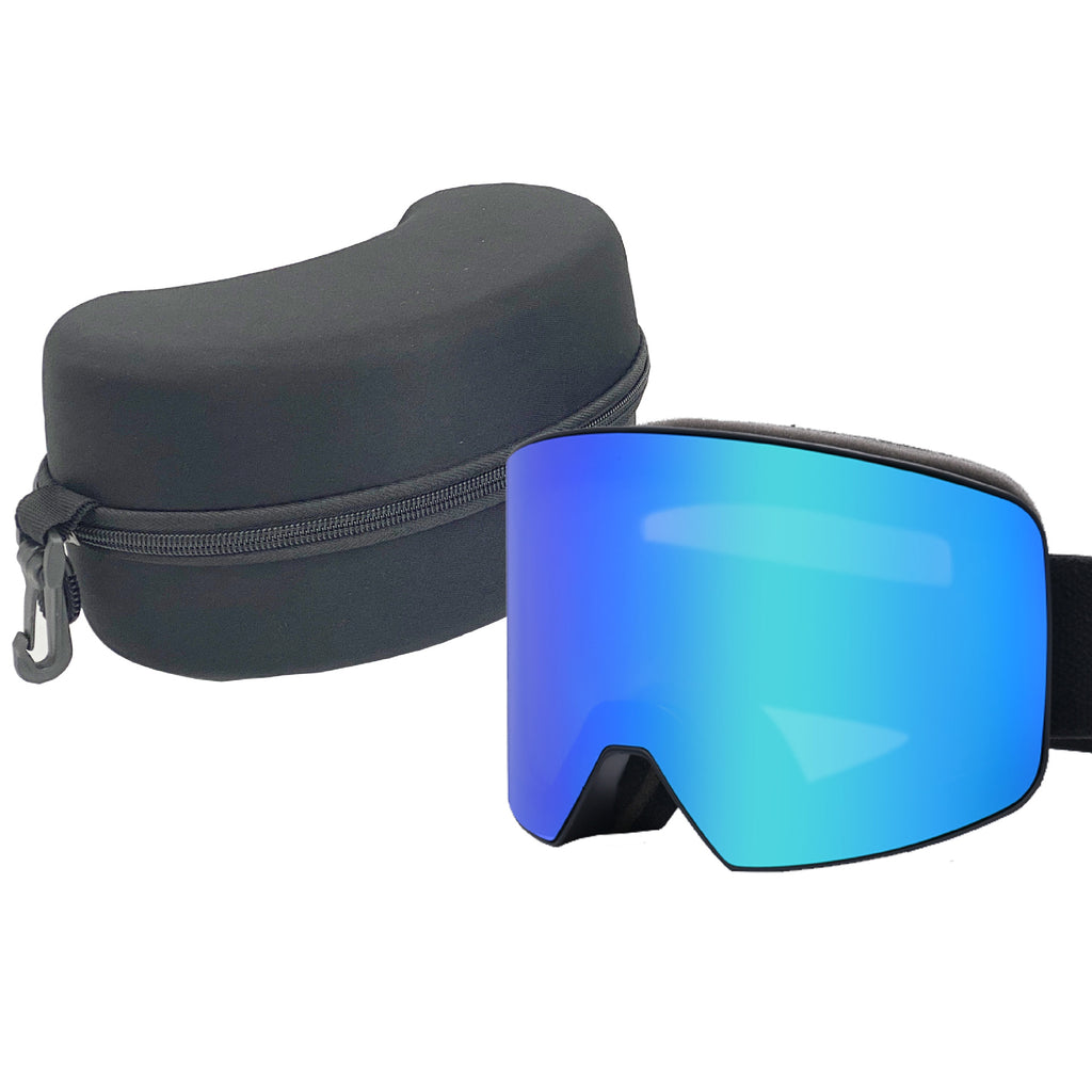 Ski goggles with a reflective blue lens, black frame, and a protective zippered case for outdoor sports.