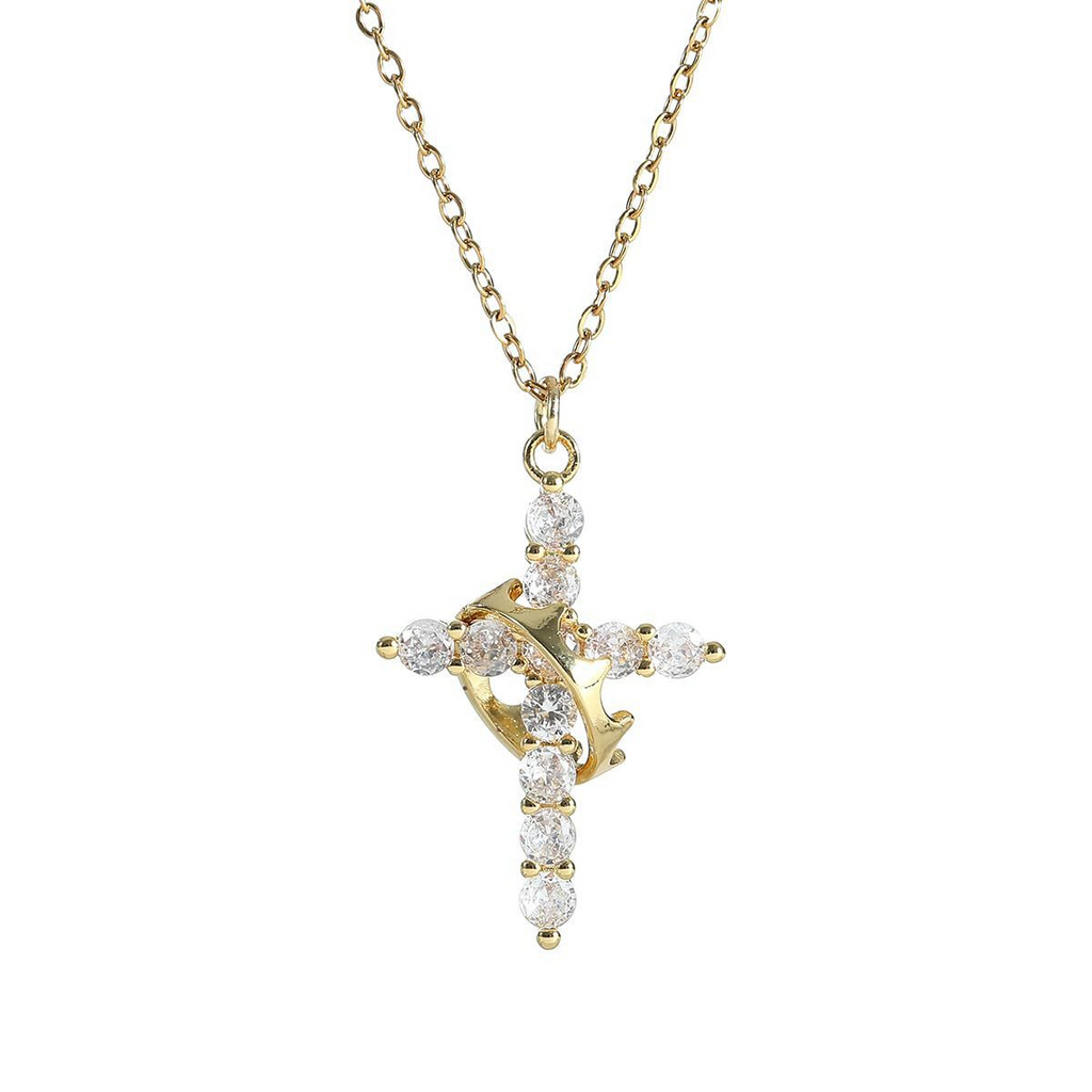 Y-shaped gold necklace featuring a crown and cross pendant adorned with clear crystals, symbolizing strength and faith.