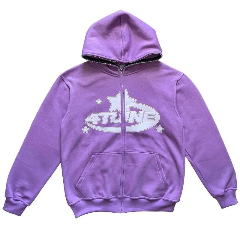 Purple star printed zip-up hoodie featuring a front zipper and kangaroo pockets, ideal for casual wear.
