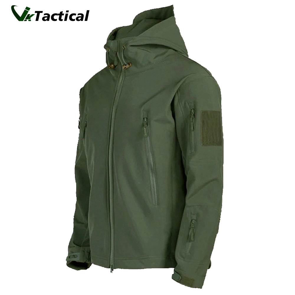 Men's Tactical Waterproof Shark Skin Outdoor Jacket in olive green, featuring an adjustable hood and multiple zippered pockets.