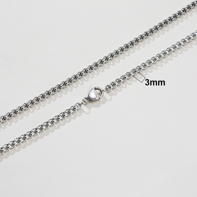Twisted Rope Figaro Necklace in stainless steel, featuring a 3mm Cuban chain design and a secure clasp.