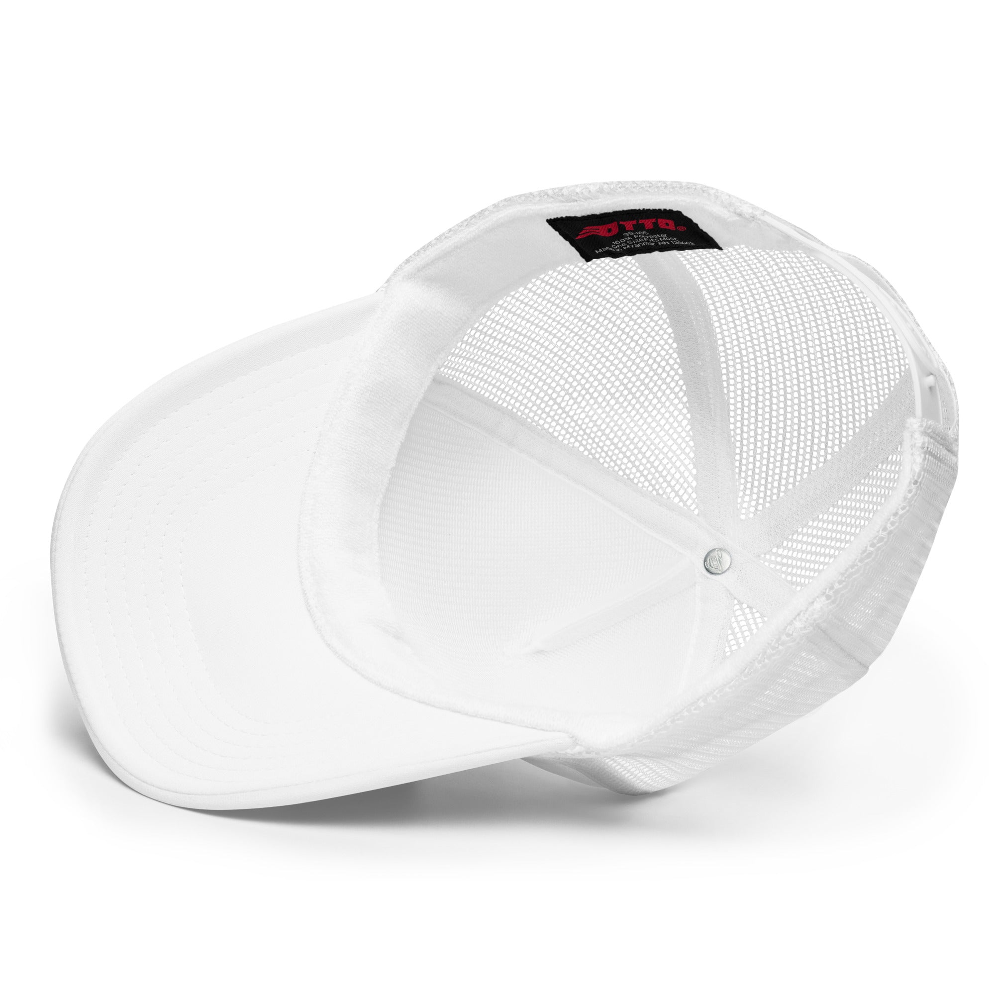 White foam trucker hat with mesh back, featuring a black embroidered Tuna design. Inside view shows smooth lining and adjustable snap closure.