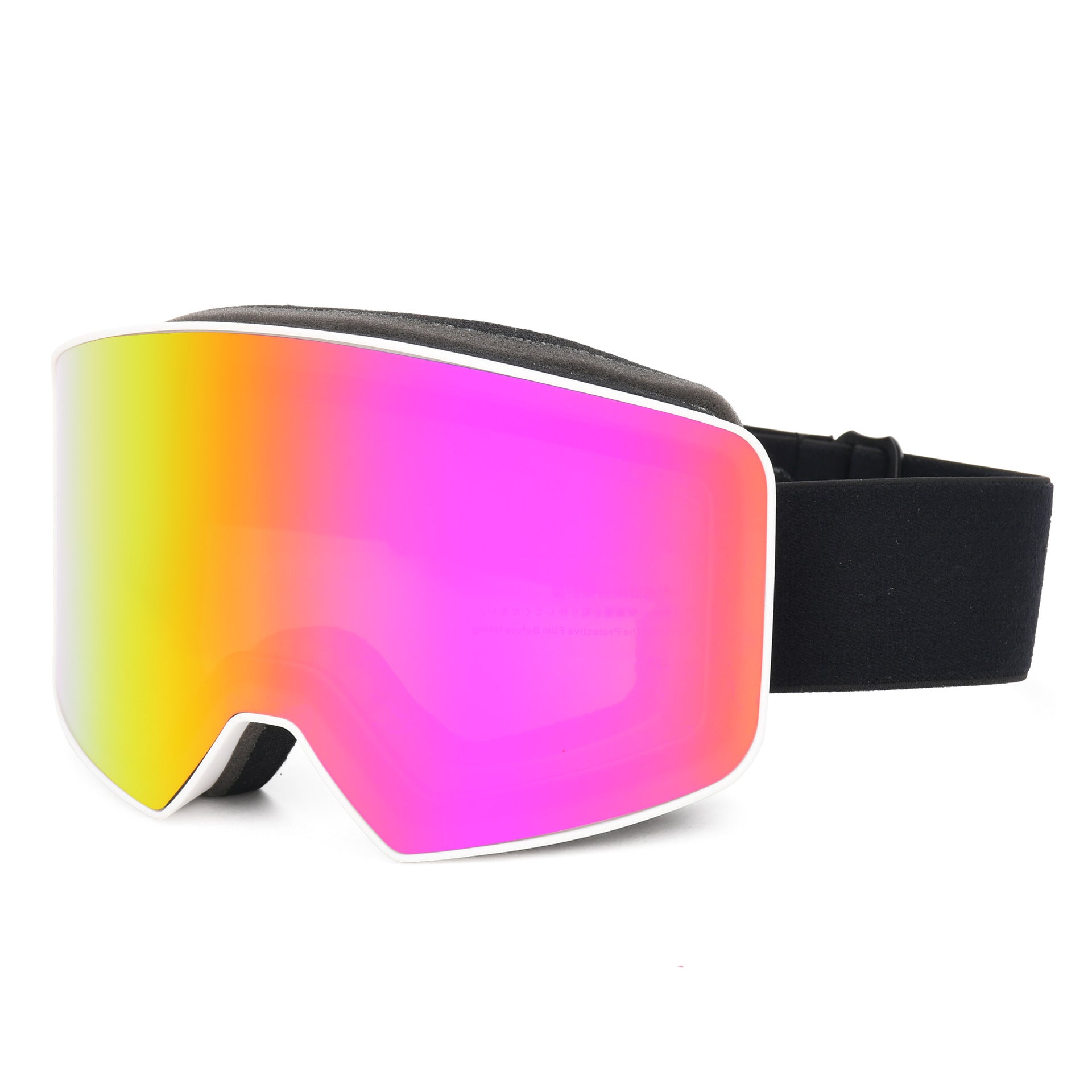 Ski goggles with a large, gradient pink-tinted lens, white frame, and a black adjustable strap for secure fit.