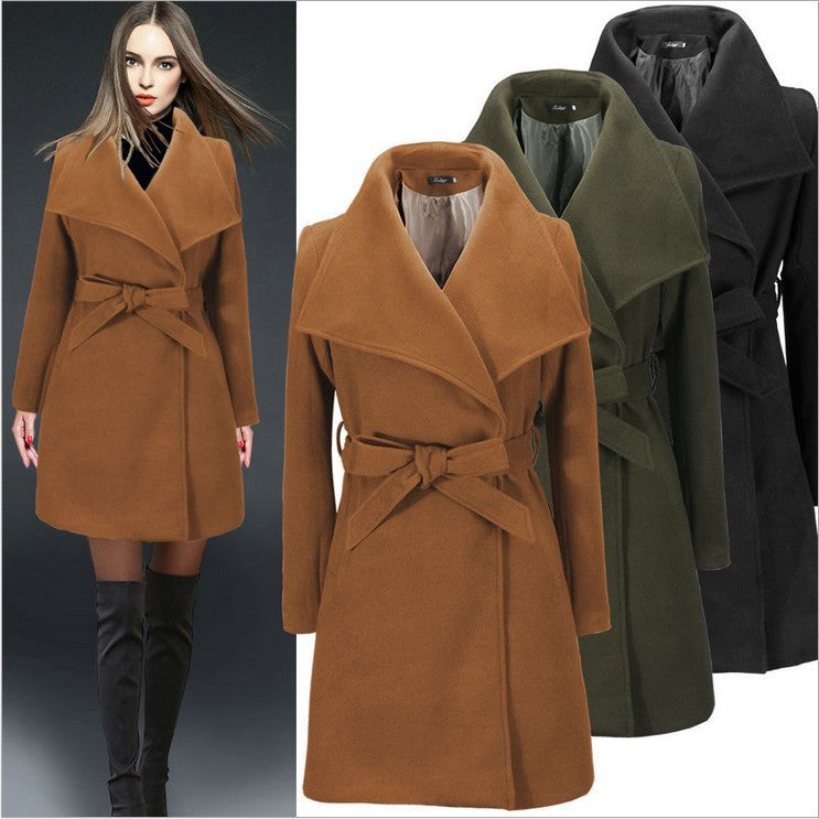 Woolen coat for women in brown, featuring a lapel collar, long sleeves, and a belted waist. Available in khaki, green, and black.
