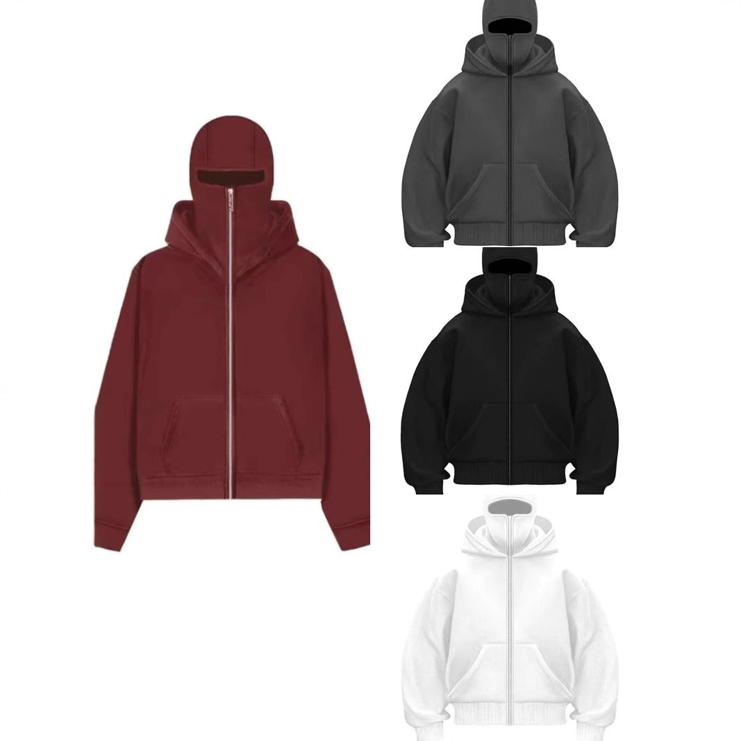 Men's hooded zip-up baseball jacket shown in wine red, black, gray, and white. Features front pockets and a relaxed fit.