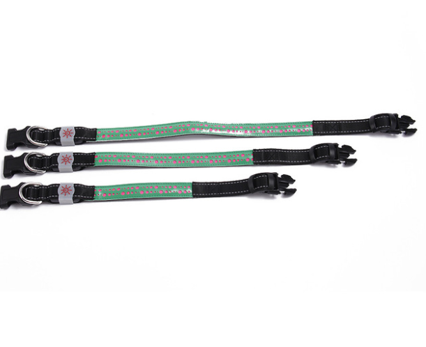 Rechargeable LED Glow Pet Collar, featuring green and reflective dots on a black leather base, shown in three adjustable sizes.