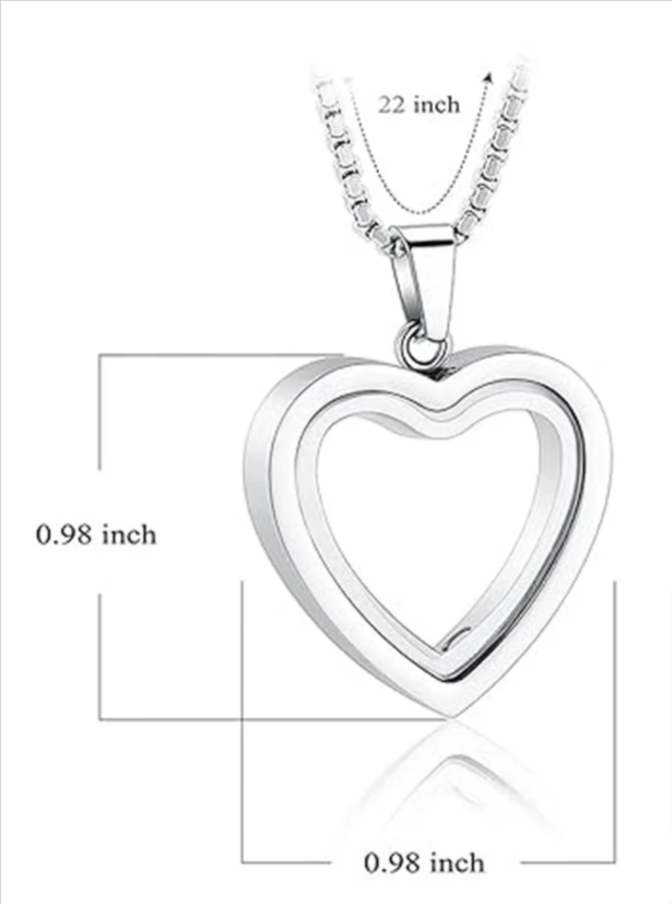 Stainless steel heart-shaped pendant with a thin profile, measuring 0.98 inches, suspended on a 22-inch chain.