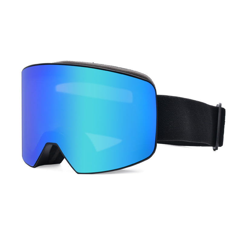 Ski goggles with a blue mirrored lens and a black elastic strap, designed for outdoor sports and climbing.