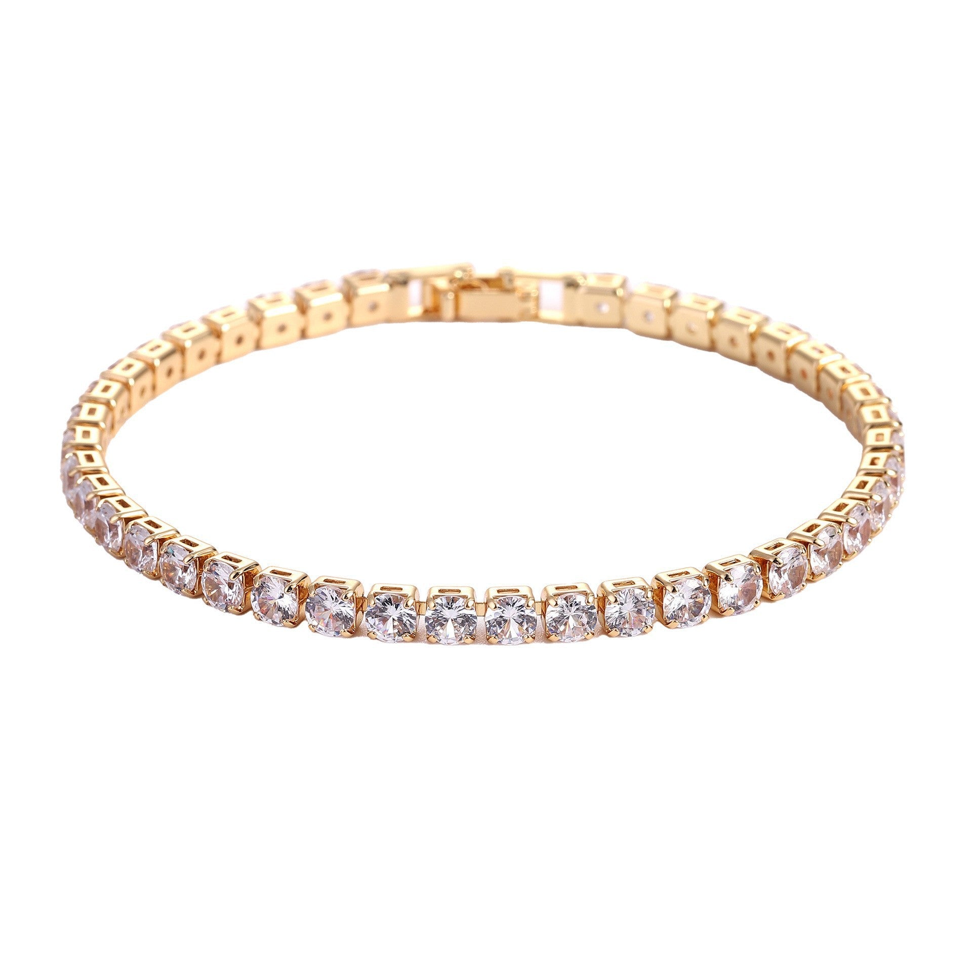 Gold-toned tennis bracelet featuring sparkling zircon stones arranged in a sleek, minimalist design.
