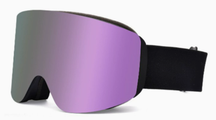 Ski goggles with a large, reflective purple lens and a black adjustable strap for outdoor sports and climbing.