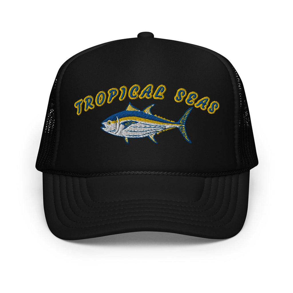 Black foam trucker hat featuring an embroidered tuna design with "Tropical Seas" in bright yellow lettering.
