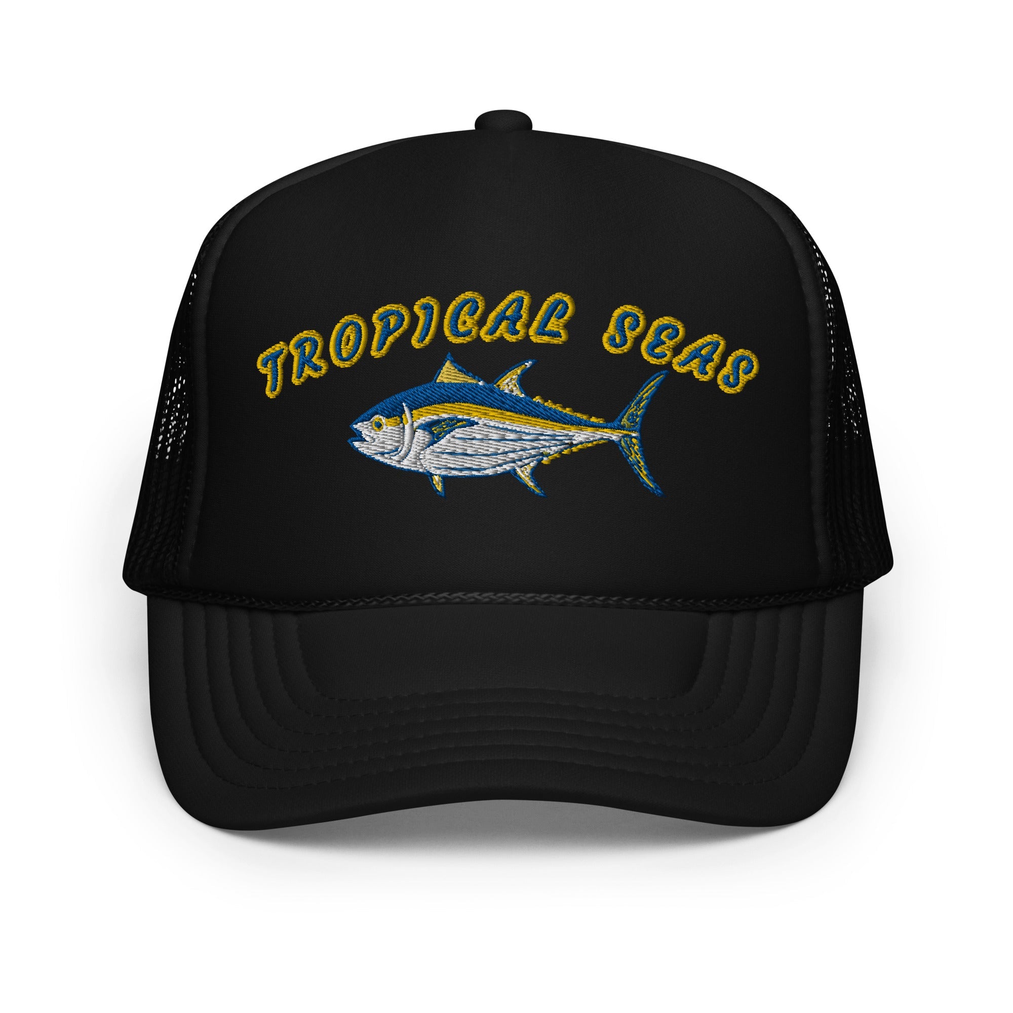 Black foam trucker hat featuring an embroidered tuna design with "Tropical Seas" in bright yellow lettering.
