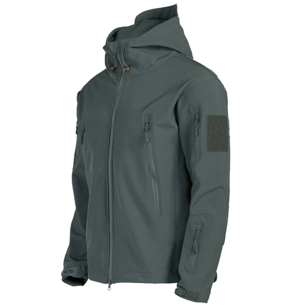 Men's tactical waterproof jacket in dark grey, featuring an adjustable hood, multiple zippered pockets, and a soft shell material.