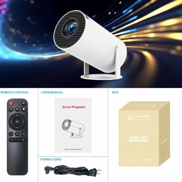 White HY300 Pro Projector with a cylindrical design is shown, featuring a lens at the front and standing on a base, alongside remote, user manual, power cord, and packaging box.