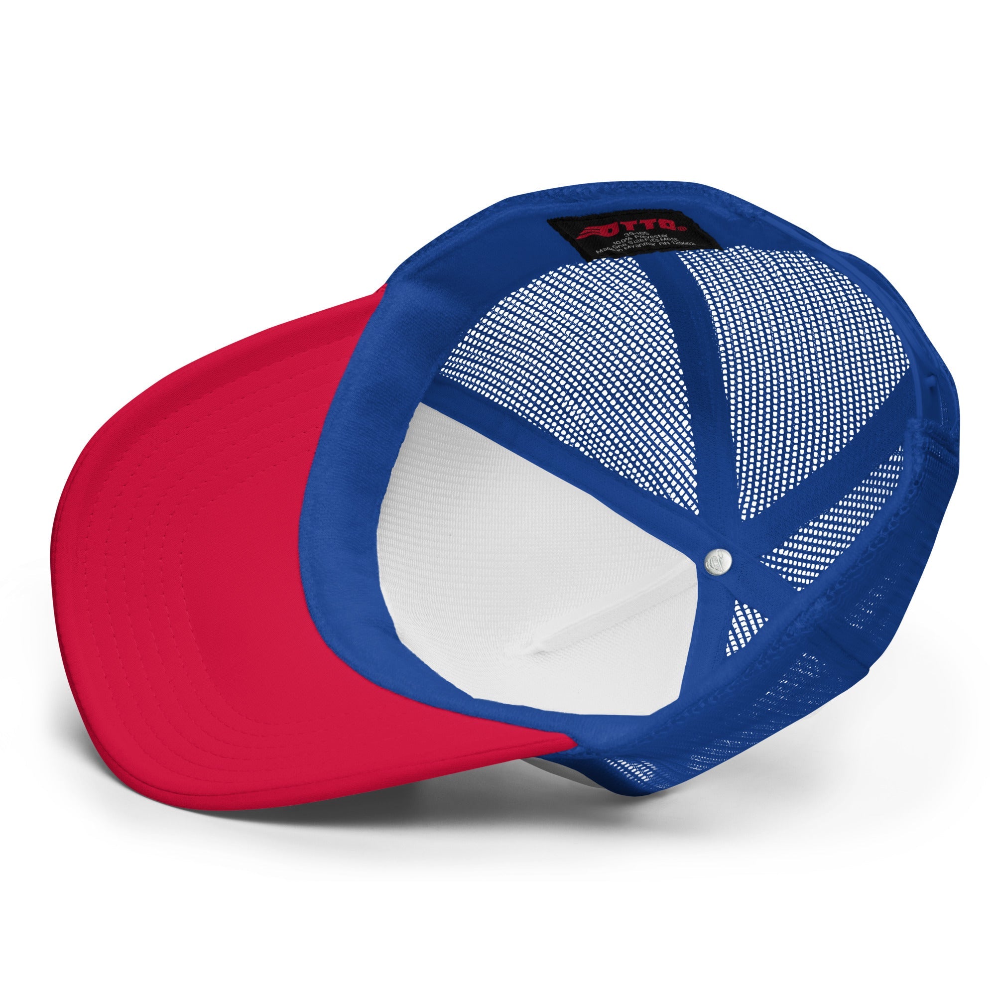 Red and blue foam trucker hat featuring a mesh back and an embroidered Tuna design, ideal for ocean enthusiasts.