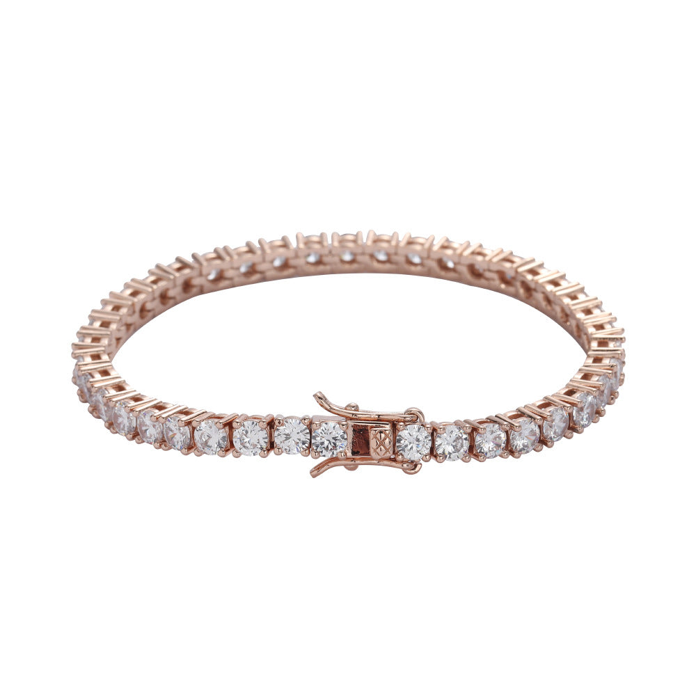 Rose gold tennis chain bracelet featuring a single row of sparkling zircon stones and a secure clasp.