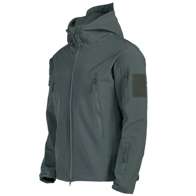 Men's tactical waterproof jacket in dark grey with adjustable hood, zippered pockets, and patch on the sleeve.