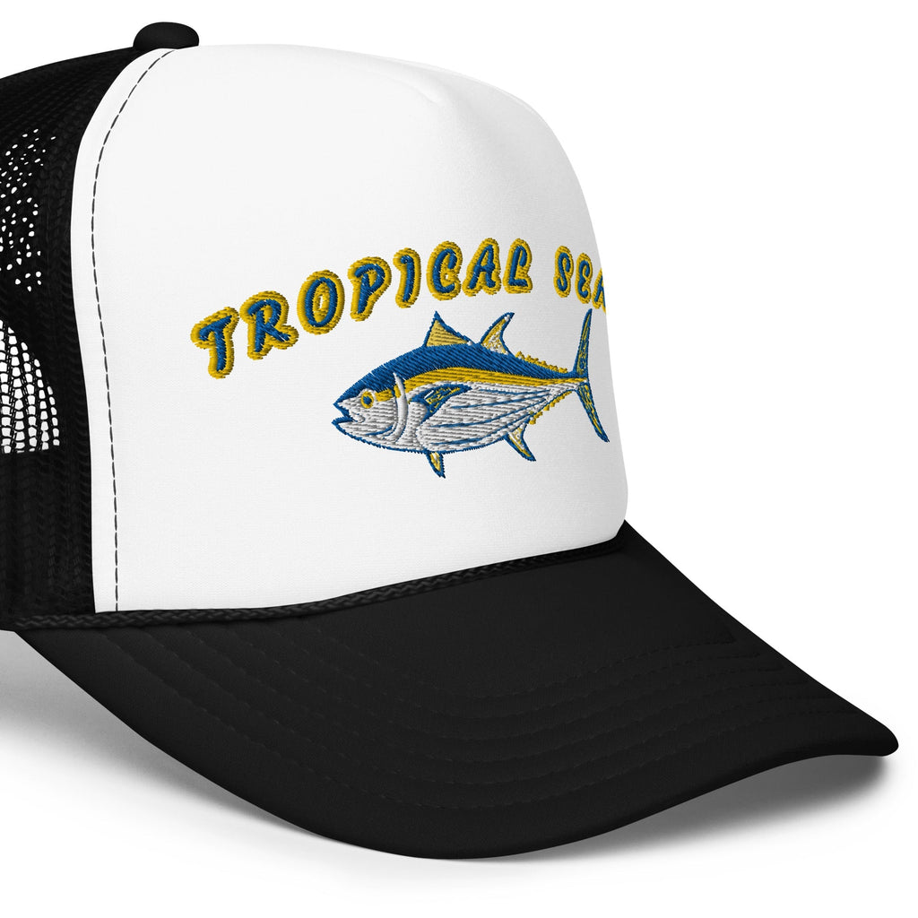 White foam trucker hat featuring an embroidered blue tuna design and yellow "Tropical Seas" text with a black mesh back.