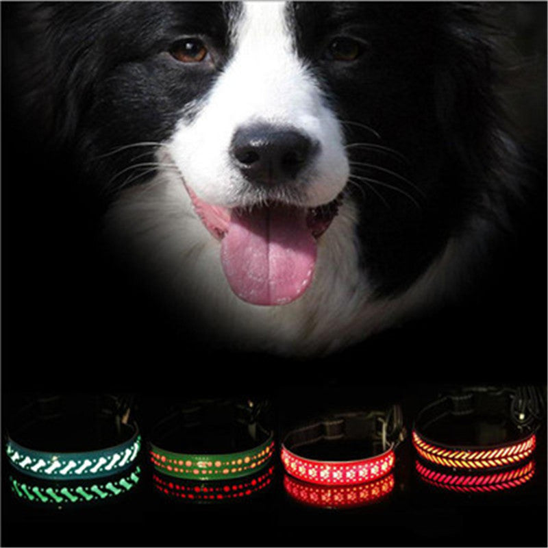 LED Glow Pet Collar in green, red, and black, featuring light-up designs, showcased on a happy dog.