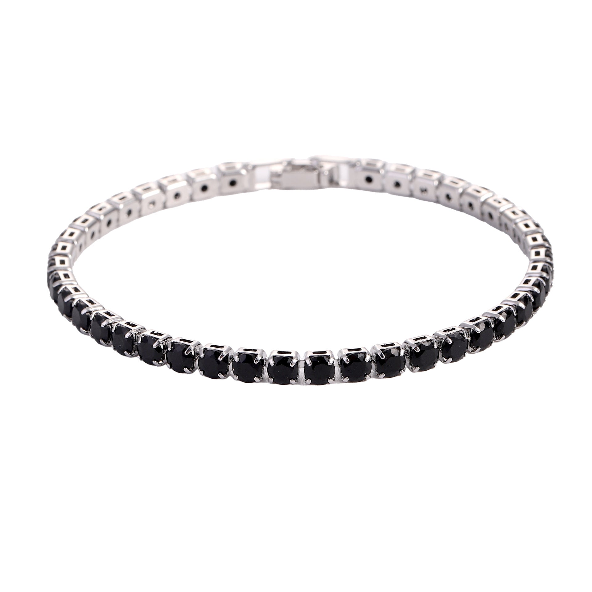Black zircon tennis bracelet set with a sleek silver setting, showcasing sparkling stones in a contemporary design.