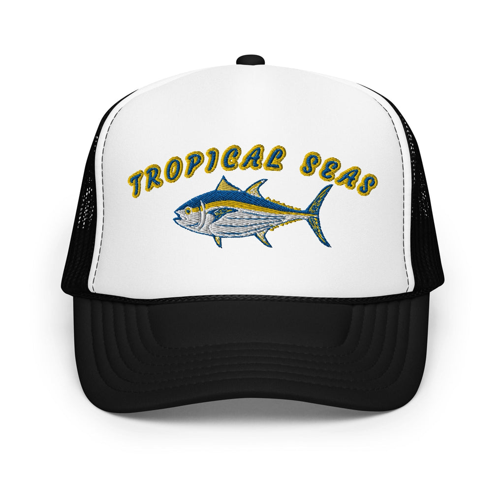 White foam trucker hat with black mesh back, featuring embroidered "Tropical Seas" and a blue and yellow tuna design.