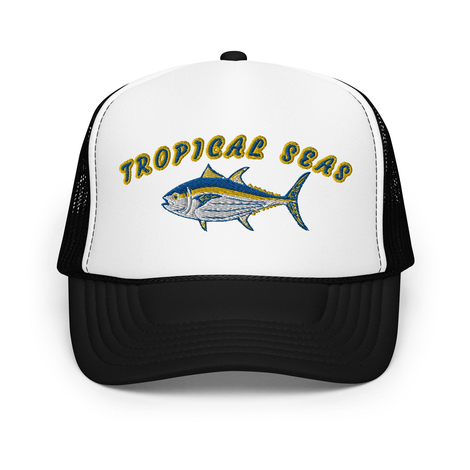 White foam trucker hat with black mesh back, featuring embroidered "Tropical Seas" and a blue and yellow tuna design.