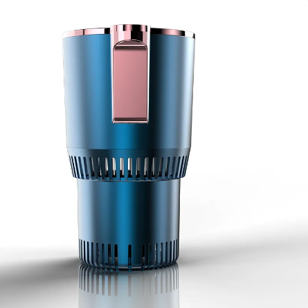 Dual-mode car cup warmer and cooler in metallic blue with silver accents and a digital display for temperature control.