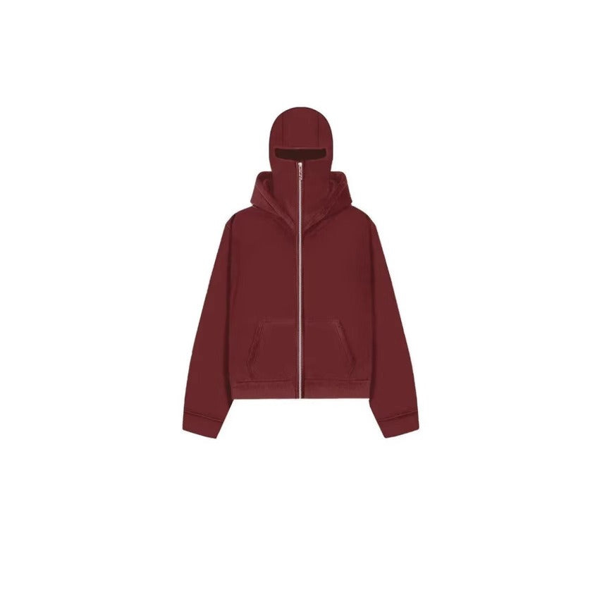 Men's hooded zip-up baseball jacket in wine red, featuring a zipper closure and two front pockets.