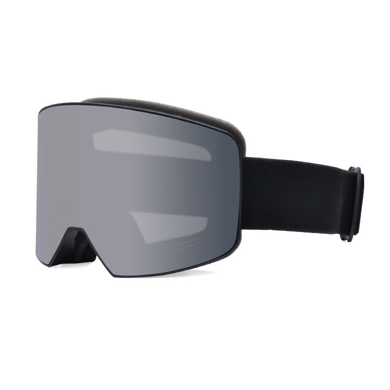 Ski goggles featuring a sleek black design with a large, mirrored lens and adjustable strap for a secure fit.