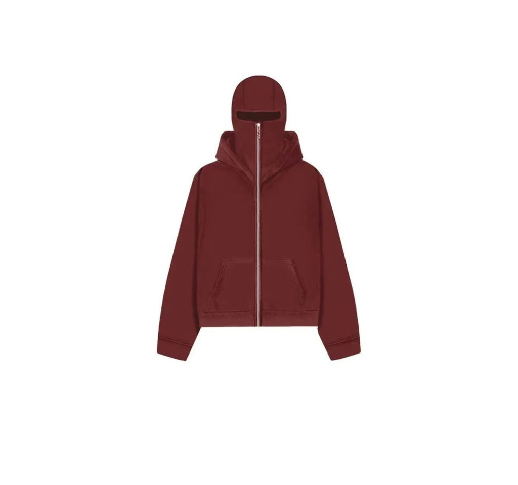 Men's hooded zip-up baseball jacket in wine red with a casual fit, featuring a front zip and two side pockets.